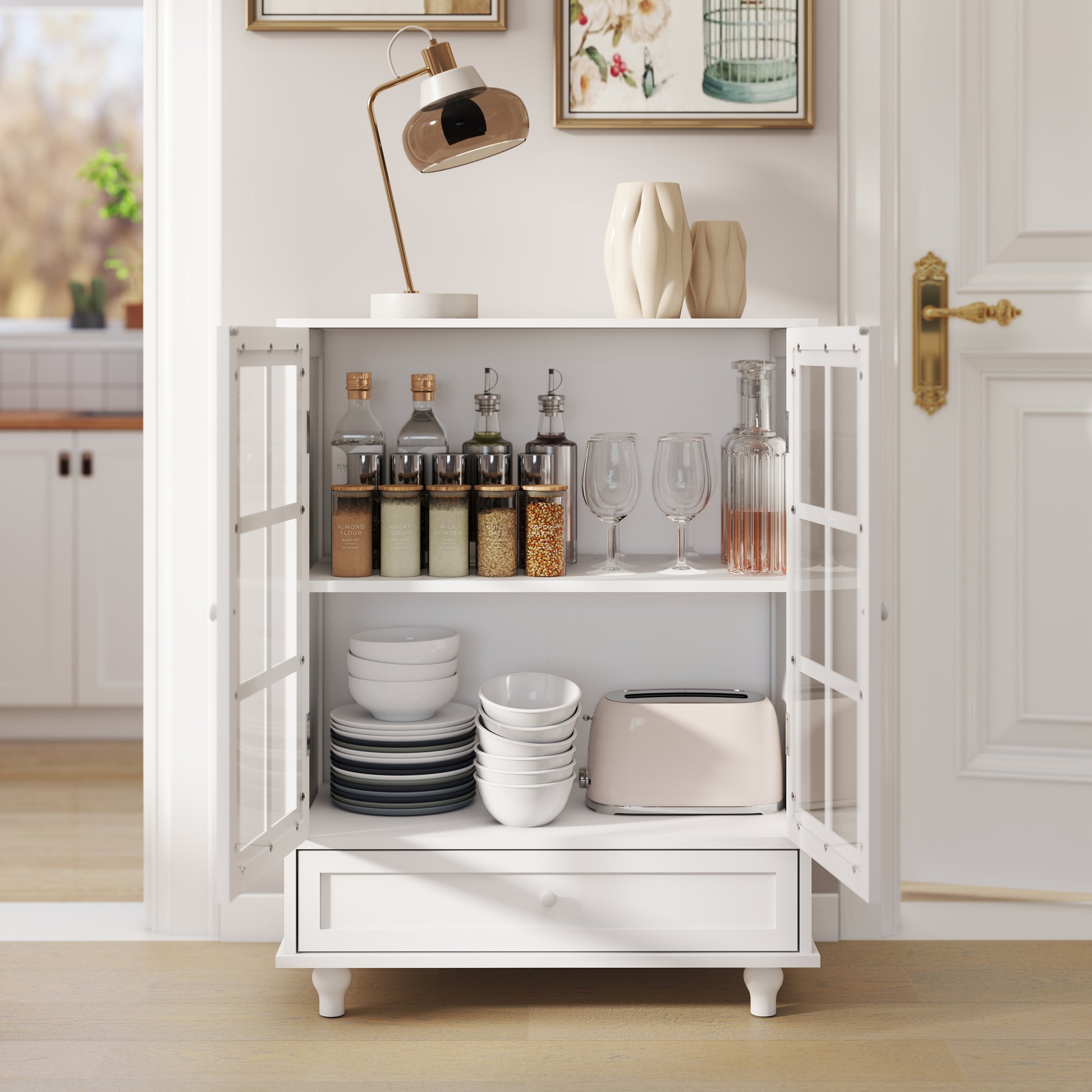 White Buffet Cabinet - MDF Glass Storage Sideboard