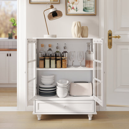 White Buffet Cabinet - MDF Glass Storage Sideboard