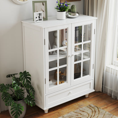 White Buffet Cabinet - MDF Glass Storage Sideboard