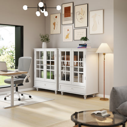 White Buffet Cabinet - MDF Glass Storage Sideboard