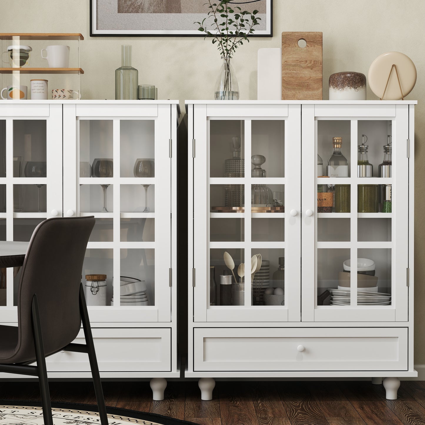 White Buffet Cabinet - MDF Glass Storage Sideboard
