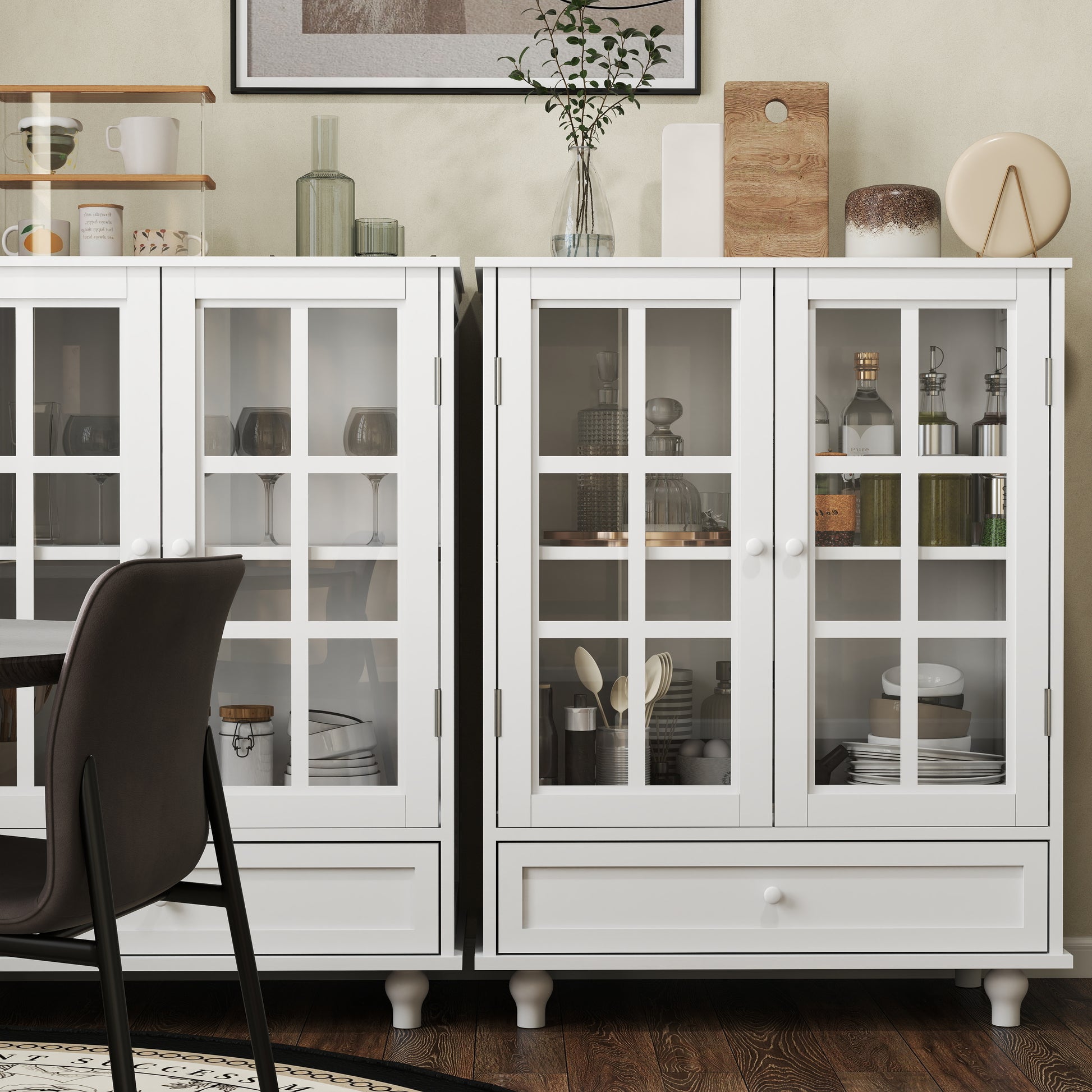 White Buffet Cabinet - MDF Glass Storage Sideboard