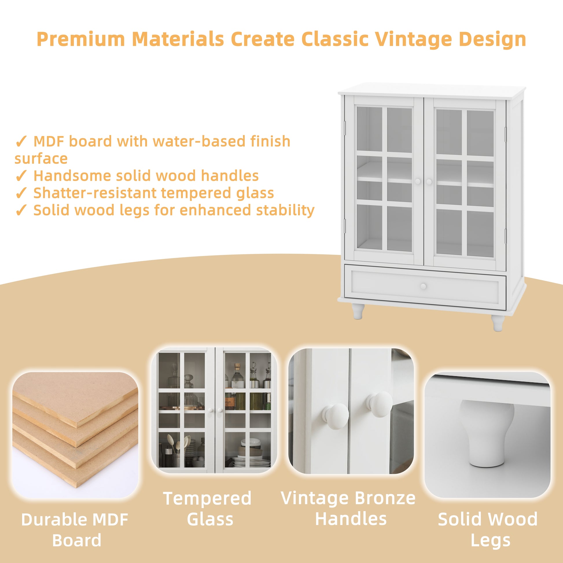 White Buffet Cabinet - MDF Glass Storage Sideboard