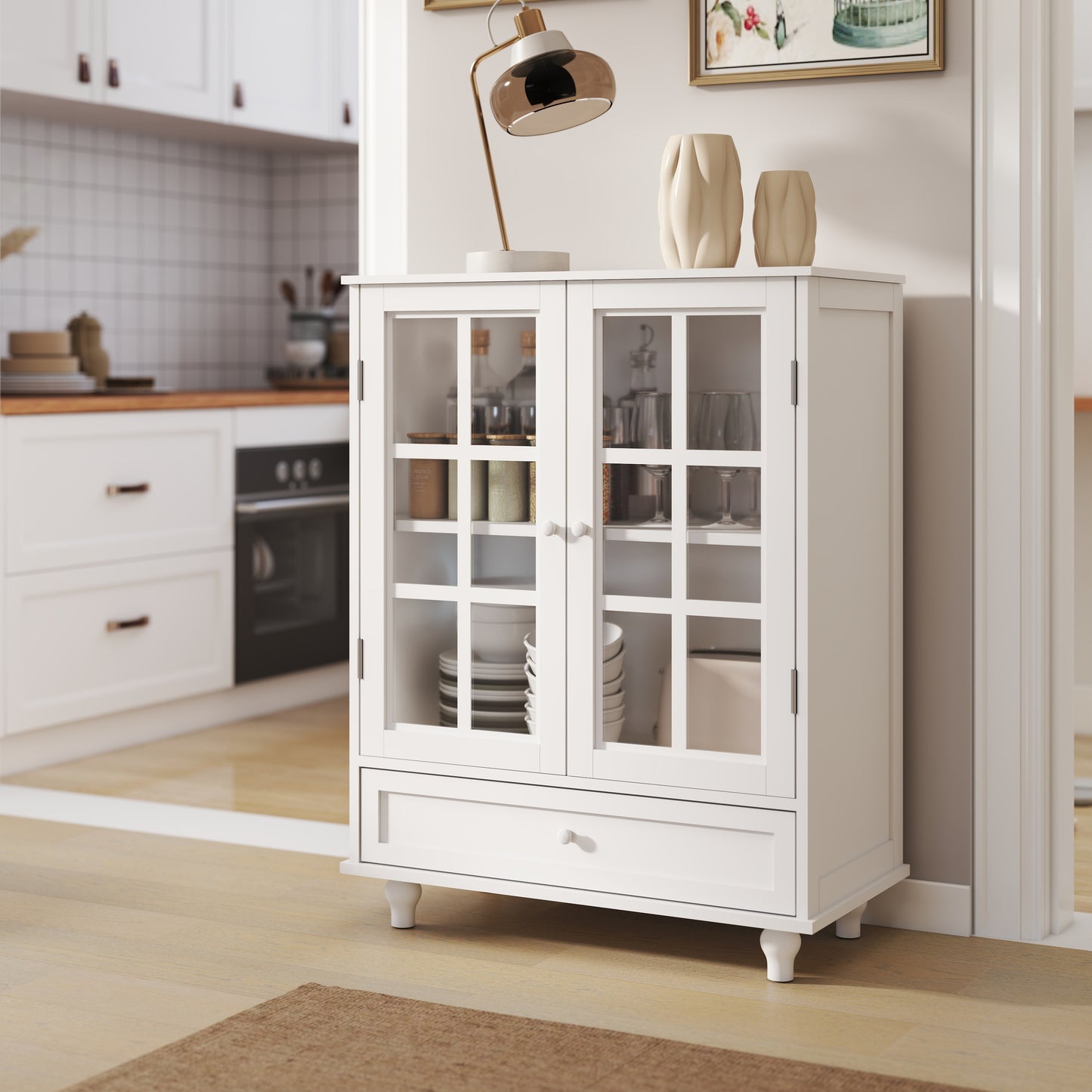 Minimalist White Buffet Cabinet with Double Glass Doors and Drawer, Modern Wooden Storage Sideboard Cupboard for Living room, Dining Room Hallway Entryway