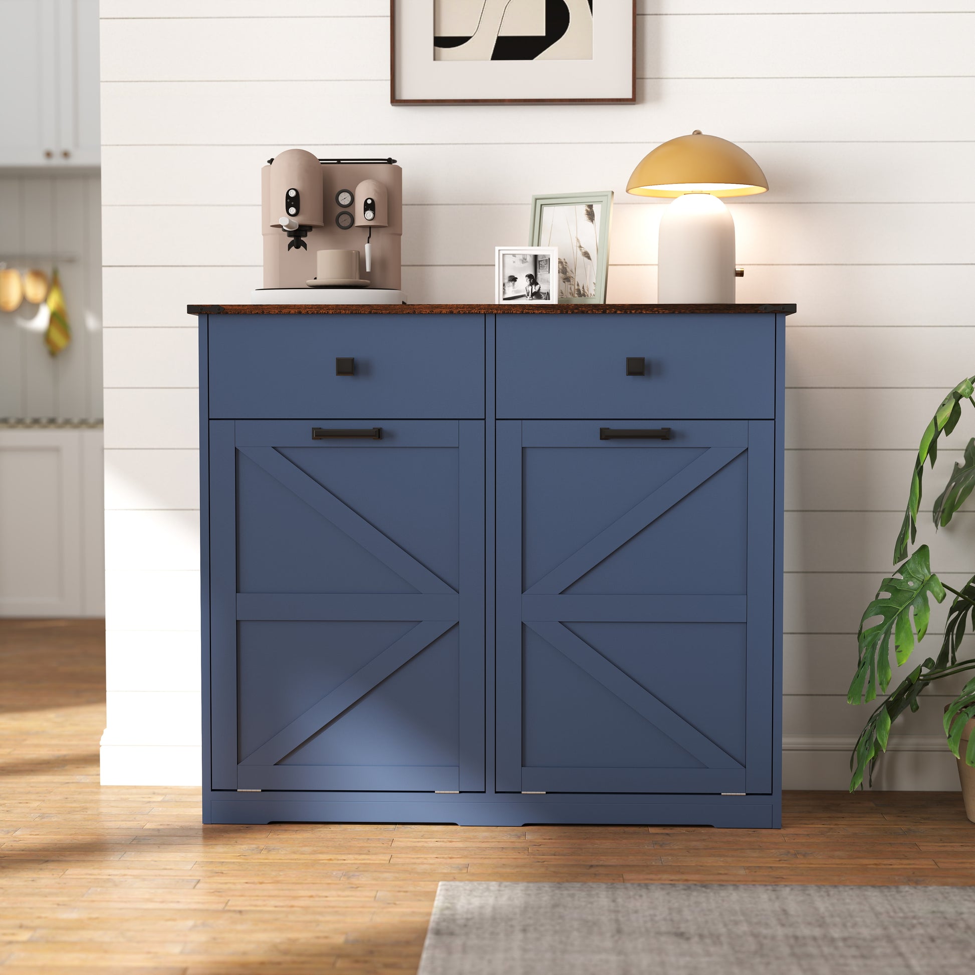 Farmhouse Blue Trash Cabinet - 20 Gallon Can Storage for Living Room