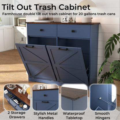 Farmhouse Blue Trash Cabinet - 20 Gallon Can Storage for Living Room