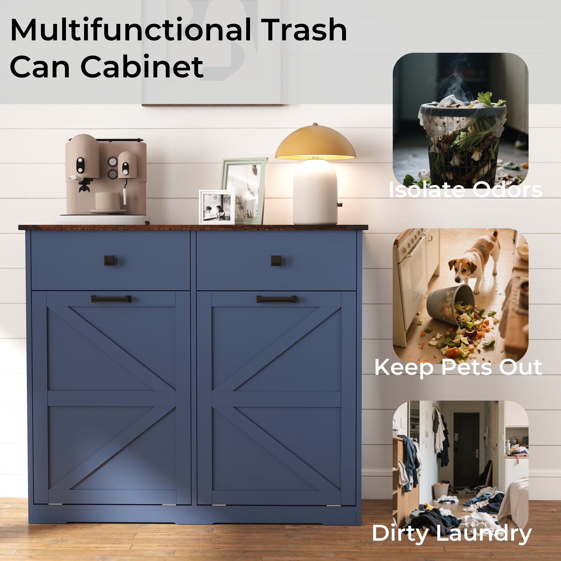 Farmhouse Blue Trash Cabinet - 20 Gallon Can Storage for Living Room