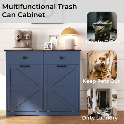 Farmhouse Blue Trash Cabinet - 20 Gallon Can Storage for Living Room