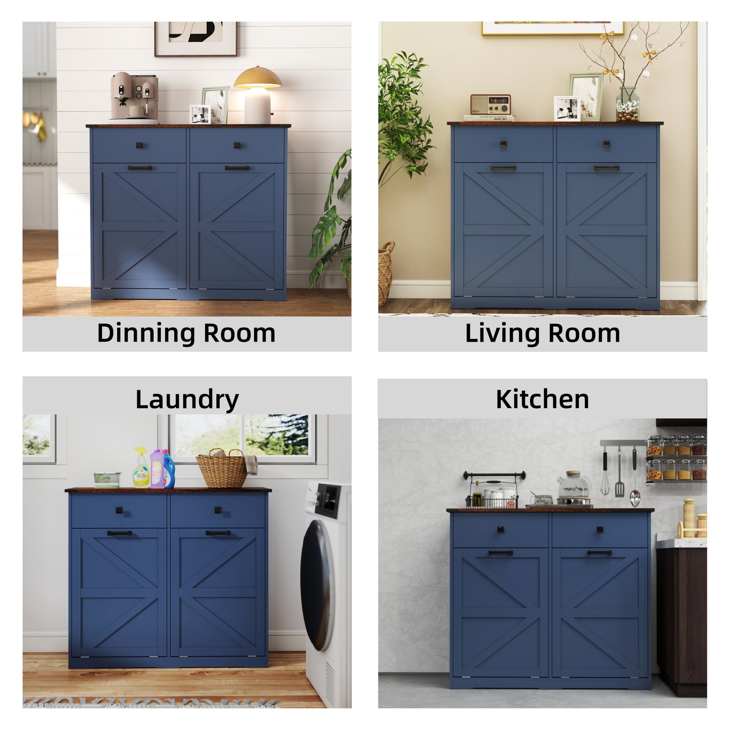 Farmhouse Blue Trash Cabinet - 20 Gallon Can Storage for Living Room