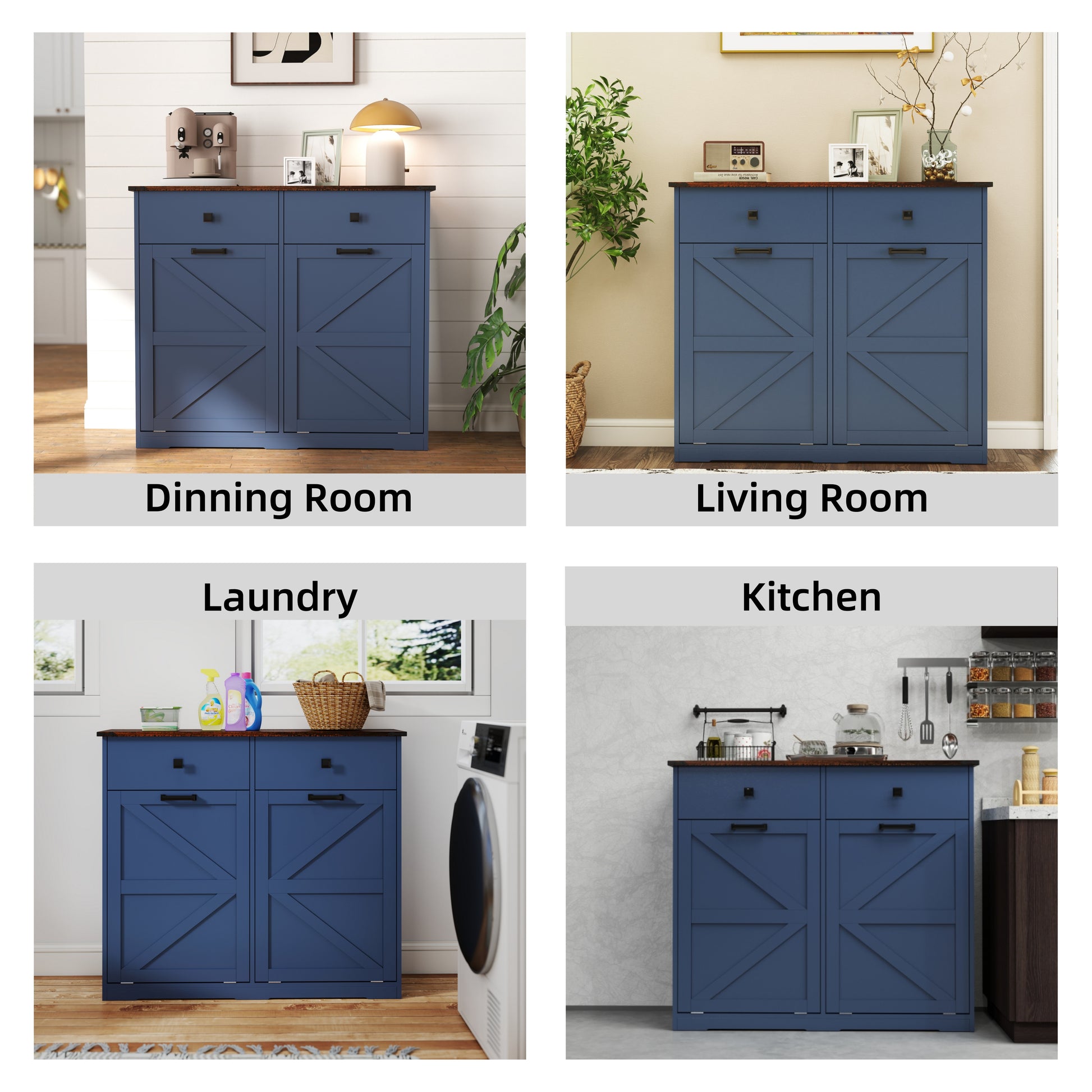 Farmhouse Blue Trash Cabinet - 20 Gallon Can Storage for Living Room