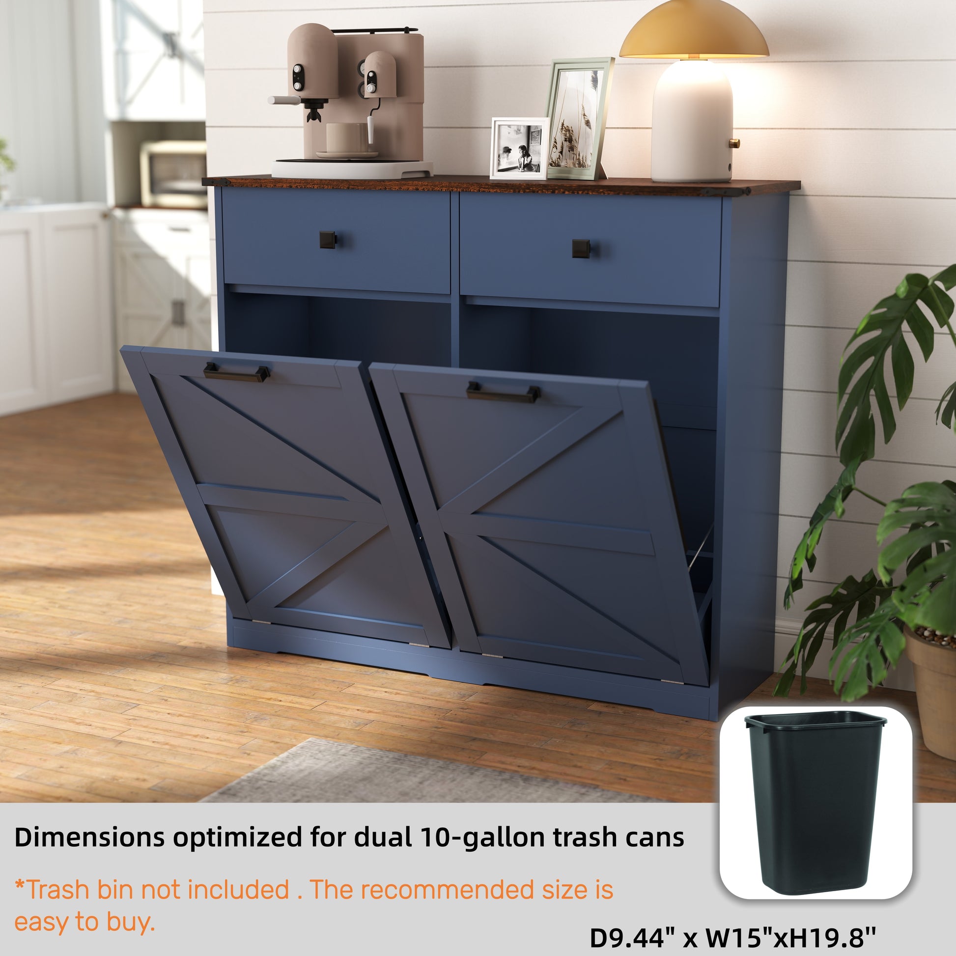 Farmhouse Blue Trash Cabinet - 20 Gallon Can Storage for Living Room