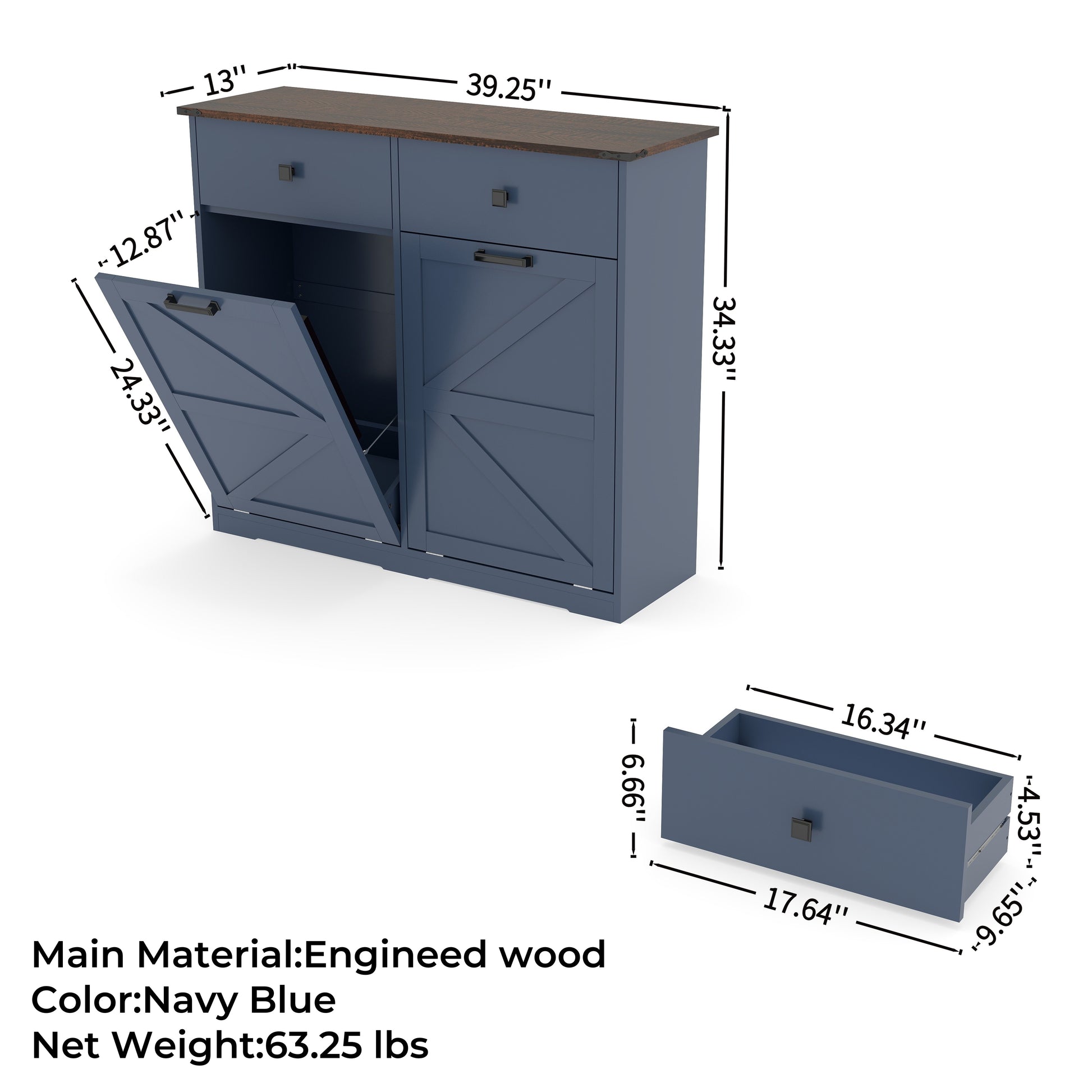 Farmhouse Blue Trash Cabinet - 20 Gallon Can Storage for Living Room