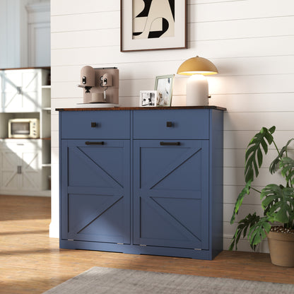 Farmhouse Blue Double Tilt Out Trash Cabinet for 20 Gallon Trash Cans, Free Standing Recycling Cabinet with Hideaway Drawer, Barn Door Style Laundry Sorter Cabinet, Tilt Out Trash Cabinet for Kitchen