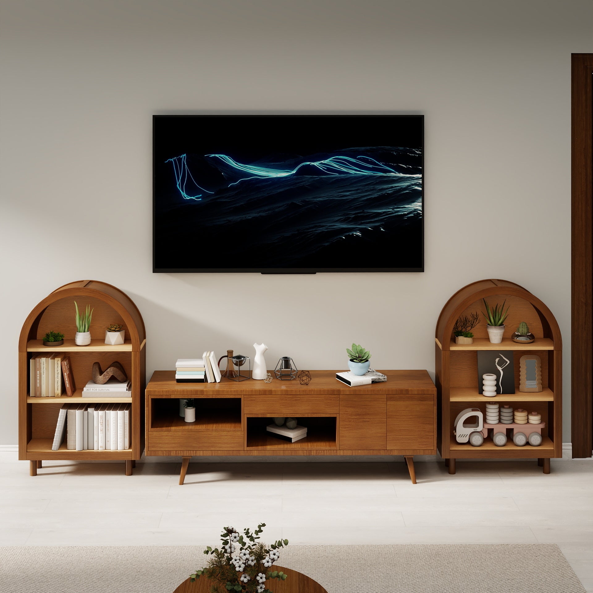 Arched Small Bookcase, Arched Storage Cabinet, Walnut Wooden Modern Arched Top Bookshelf with 3 Shelves, 3-Tier Storage Shelf with Glaze Finish for Living Room, Bedroom, Entryway