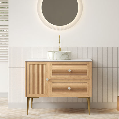 MUNIN 36" Bathroom Vanity with Sink, Freestanding Plywood Storage Cabinet with 4 Metal Legs, Door and 2 Drawers, White Ceramic Basin with Stone Pattern, NO Faucet, Pre-assembled, Oak Woodgrain Color