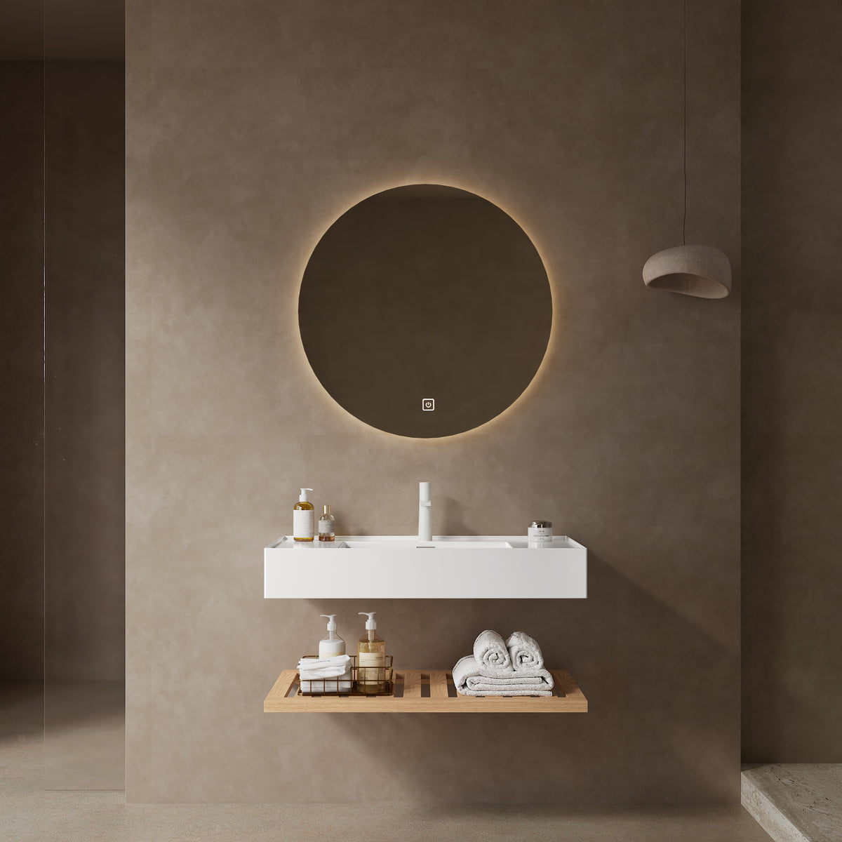 LEDE 36" Bathroom Vanity with Vessel Sink, Wall-Mounted Floating White Rectangular Acrylic Integrated Basin without Faucet, Striped Shelves Layer, Natural Woodgrain Color