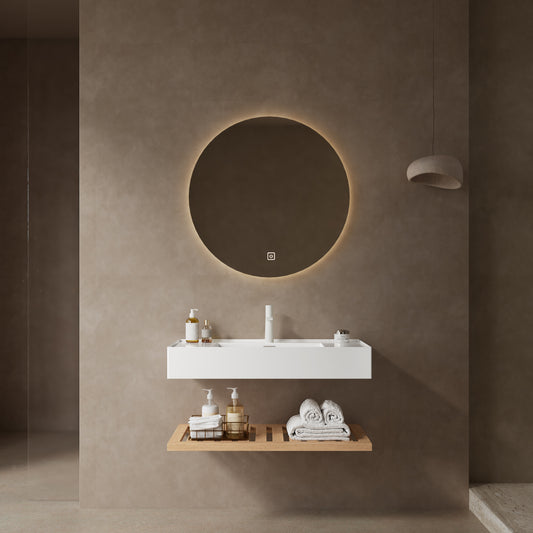 LEDE 36" Bathroom Vanity with Vessel Sink, Wall-Mounted Floating White Rectangular Acrylic Integrated Basin without Faucet, Striped Shelves Layer, Natural Woodgrain Color