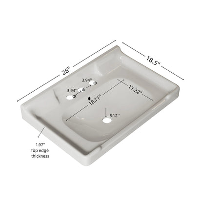White Ceramic Bathroom Basin - 28" with Faucet Holes