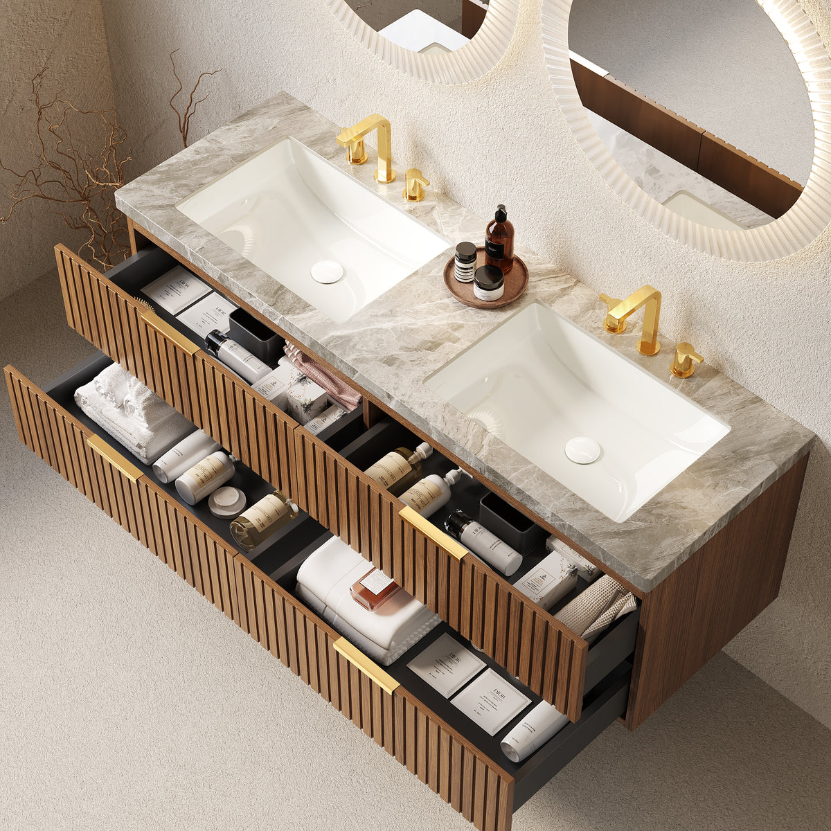 60" Brown Oak Bathroom Vanity with Sink Storage