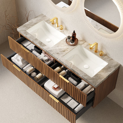 60" Brown Oak Bathroom Vanity with Sink Storage