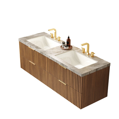 60" Brown Oak Bathroom Vanity with Sink Storage