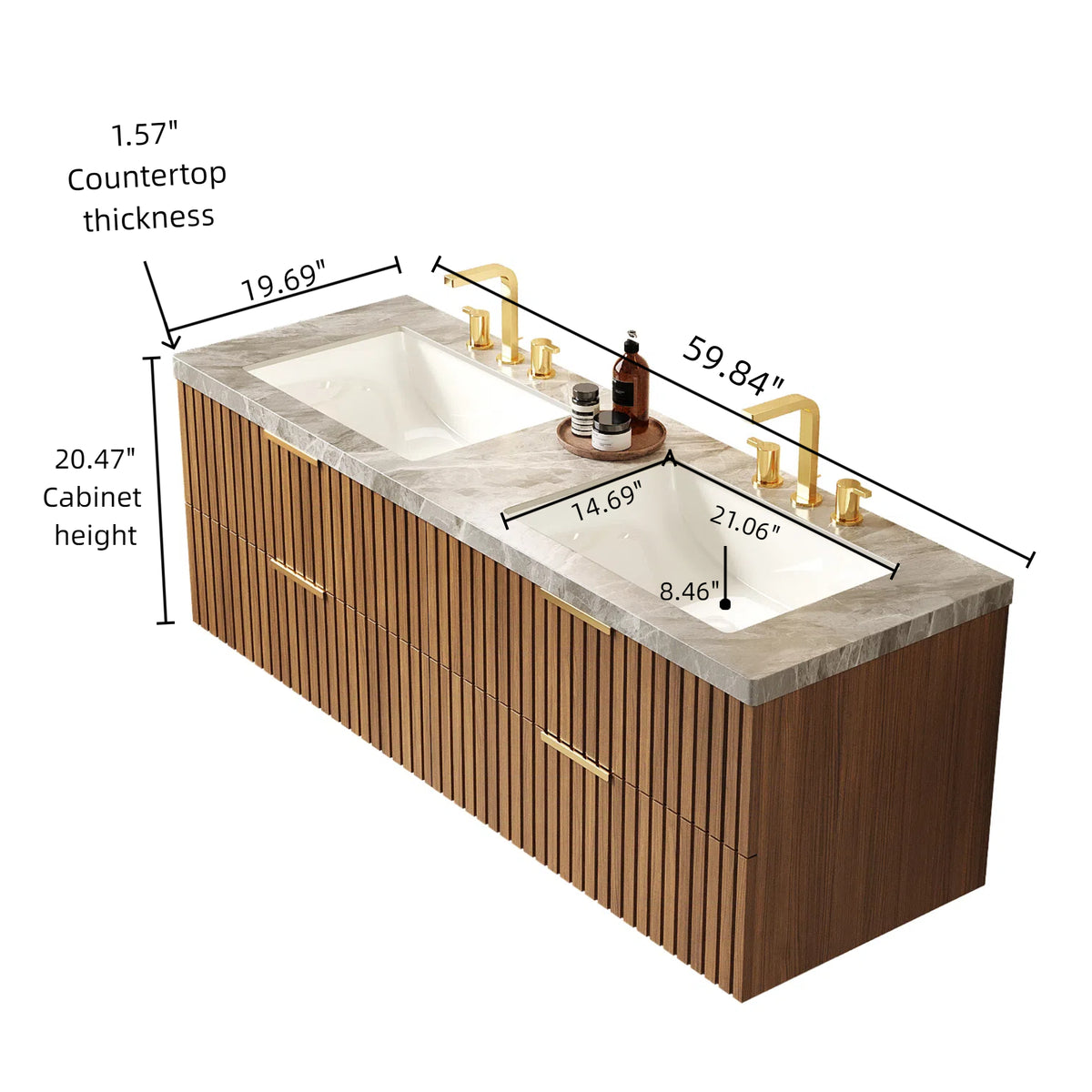 60" Brown Oak Bathroom Vanity with Sink Storage