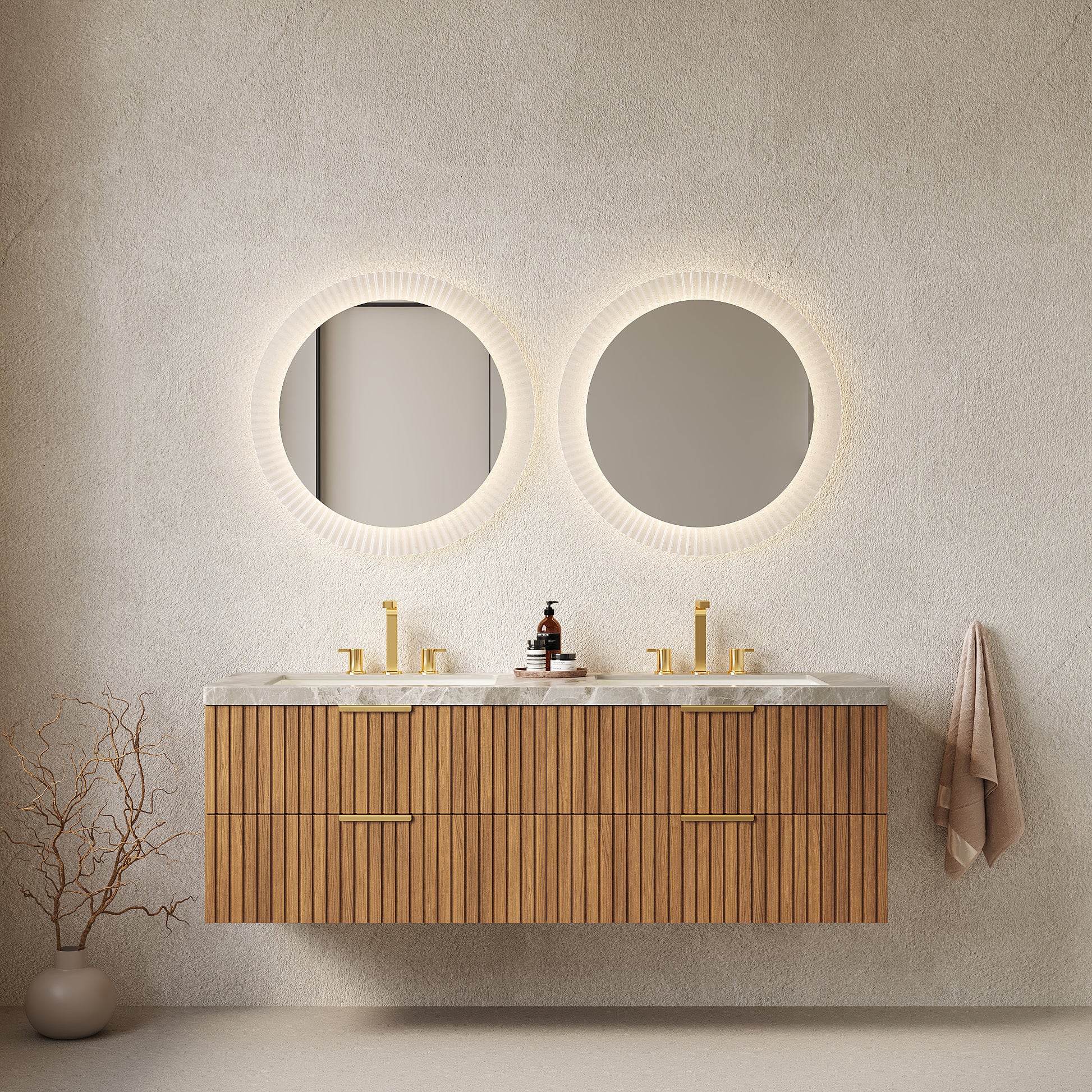 ELIO 60" Bathroom Vanity with Sink, Wall-Mounted Bathroom Storage Cabinet with Drawers, Sintered Stone Countertop and 2 Basins with 3 Pre-drilled Faucet Holes, Pre-assembled, Brown Oak Woodgrain Color