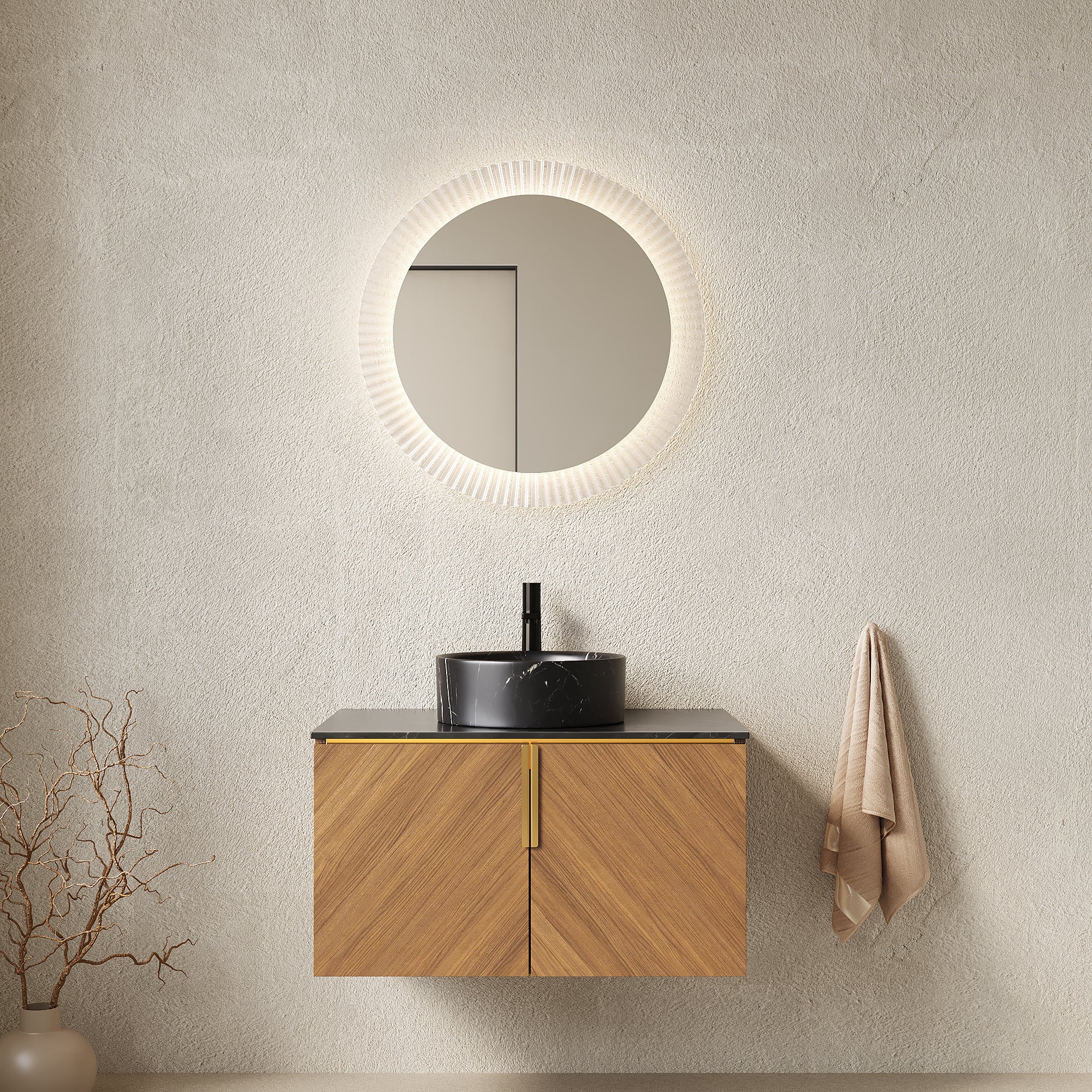 ARAI 30" Bathroom Vanity&Sink, Wall-Mounted Plywood Bathroom Storage Cabinet with Double Doors, Black Sintered Stone Countertop&Black Round Ceramic Basin with Stone Pattern, Brown Oak Woodgrain Color