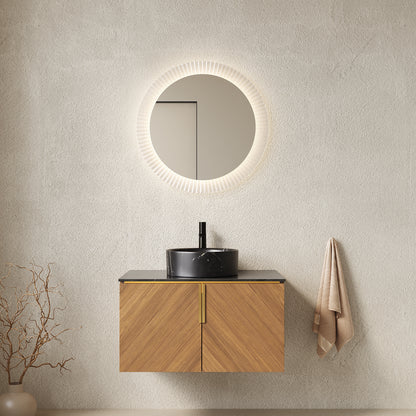 ARAI 30" Bathroom Vanity&Sink, Wall-Mounted Plywood Bathroom Storage Cabinet with Double Doors, Black Sintered Stone Countertop&Black Round Ceramic Basin with Stone Pattern, Brown Oak Woodgrain Color