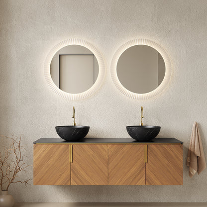 ARAI 60" Bathroom Vanity&Sinks, Floating Plywood Bathroom Storage Cabinet with 4 Doors, 2 Black Bowl Ceramic Basin with Stone Pattern&Black Sintered Stone Countertop, Brown Oak Woodgrain (New SKU)