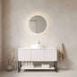 TULIO 48" Bathroom Vanity&Sink, Freestanding Bathroom Storage Cabinet with 3 Doors and Open Shelf, White Round Ceramic Basin&Carrara White Sintered Stone Top, White Color