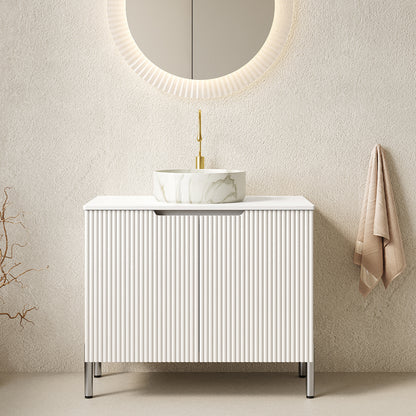 TURIO 30" Bathroom Vanity with Sink, Freestanding Bathroom Storage Cabinet with 2 Doors, White Round Ceramic Basin with Stone Pattern and Carrara White Counter Top, No Faucet, White Color