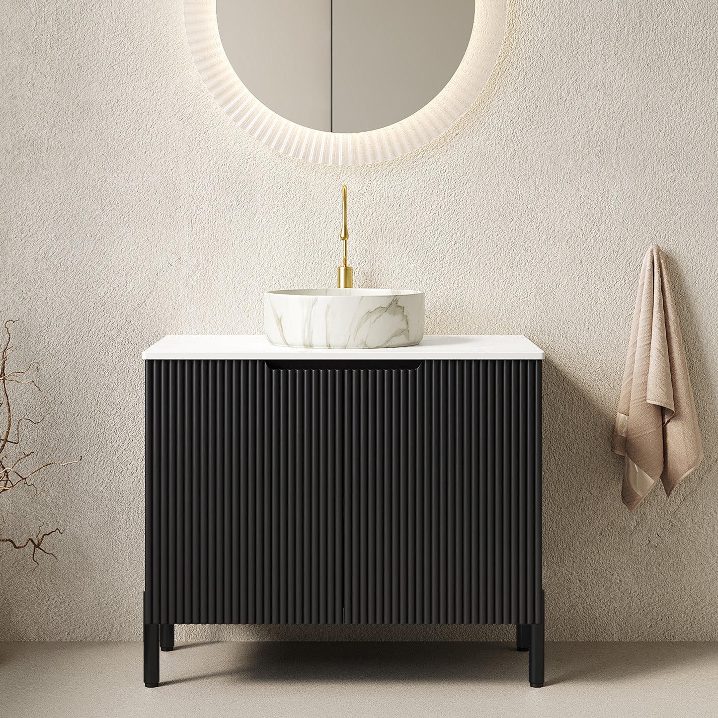 TURIO 30" Bathroom Vanity with Sink, Freestanding Bathroom Storage Cabinet with 2 Doors, White Round Ceramic Basin with Stone Pattern and Carrara White Counter Top, No Faucet, Black Color