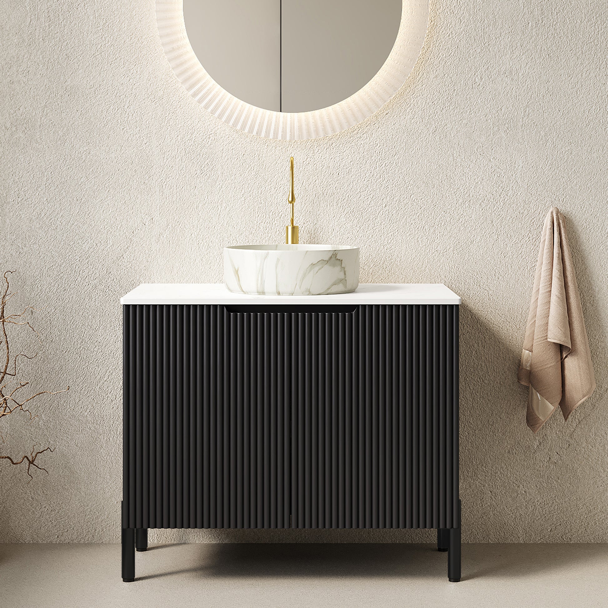 TURIO 30" Bathroom Vanity with Sink, Freestanding Bathroom Storage Cabinet with 2 Doors, White Round Ceramic Basin with Stone Pattern and Carrara White Counter Top, No Faucet, Black Color