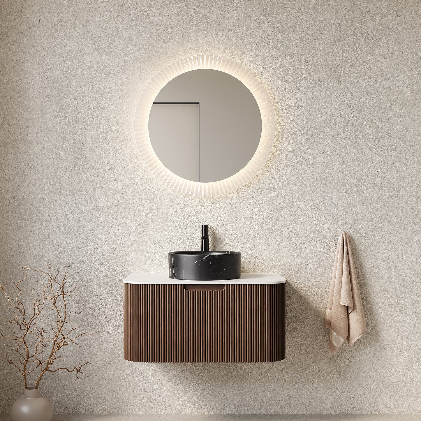 DINA 30" Bathroom Vanity&Sink, Floating Curved Edges Striped Storage Cabinet with Drawer, Stone Black Round Ceramic Basin&Carrara White Sintered Stone Top, Pre-assembled, Dark Walnut Woodgrain Color