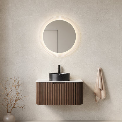DINA 30" Bathroom Vanity&Sink, Floating Curved Edges Striped Storage Cabinet with Drawer, Stone Black Round Ceramic Basin&Carrara White Sintered Stone Top, Pre-assembled, Dark Walnut Woodgrain Color