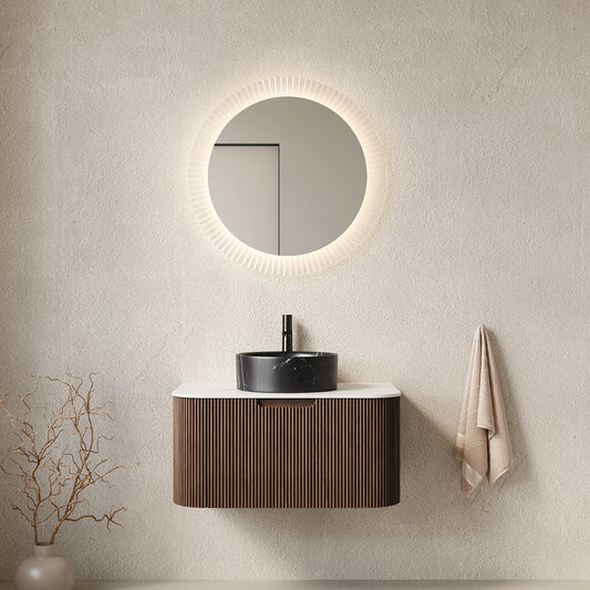 DINA 30" Bathroom Vanity&Sink, Floating Curved Edges Striped Storage Cabinet with Drawer, Stone Black Round Ceramic Basin&Carrara White Sintered Stone Top, Pre-assembled, Dark Walnut Woodgrain Color
