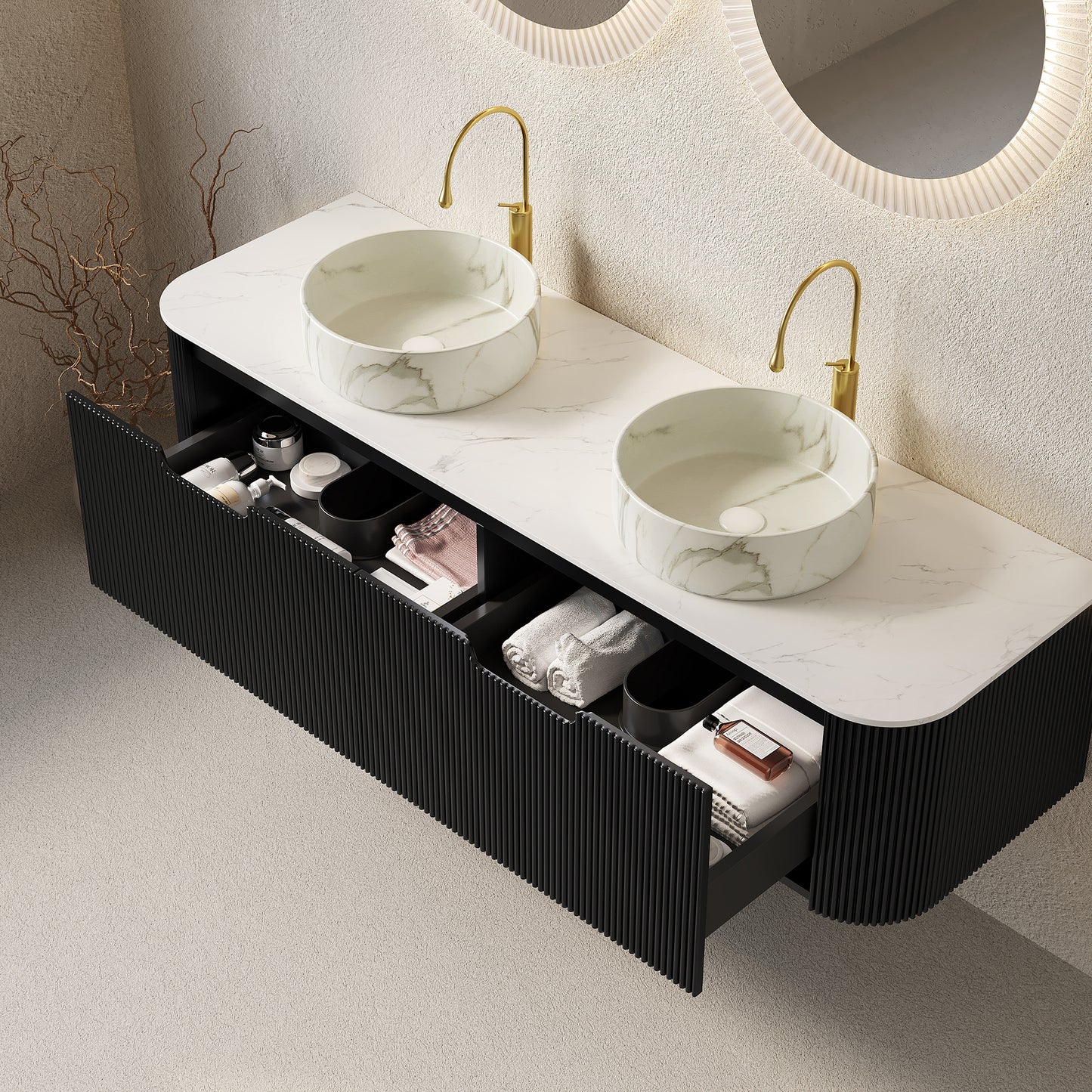DINA 60" Bathroom Vanity & Sinks - Black, Carrara White, Stone White