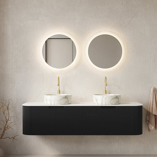 DINA 60" Bathroom Vanity&Sinks, Floating Curved Edges Striped Storage Cabinet with 2 Drawers, 2 Matte Stone White Round Ceramic Basins&Carrara White Sintered Stone Top, Pre-assembled, Black Color