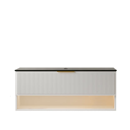 MALONE 48" Wall Mounted White Plywood Cabinet with One Drawer and One Open Shelf, Black Stone Sintered Stone Top, NO Basin, NO Faucet and Sink Cover