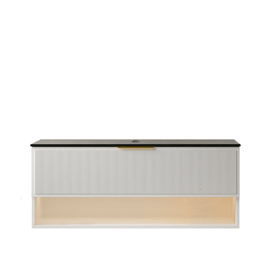 MALONE 48" Wall Mounted White Plywood Cabinet with One Drawer and One Open Shelf, Black Stone Sintered Stone Top, NO Basin, NO Faucet and Sink Cover