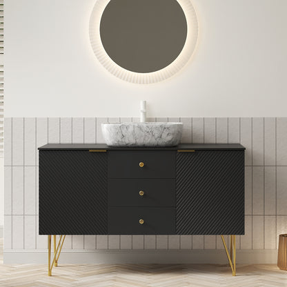 GEMA 48" Bathroom Vanity with Sink, Freestanding Plywood Storage Cabinet with Gold Legs, 3 Drawers and 2 Doors, White Marble Pattern Ceramic Vessel Basin & Sintered Stone Top, Pre-assembled, Black