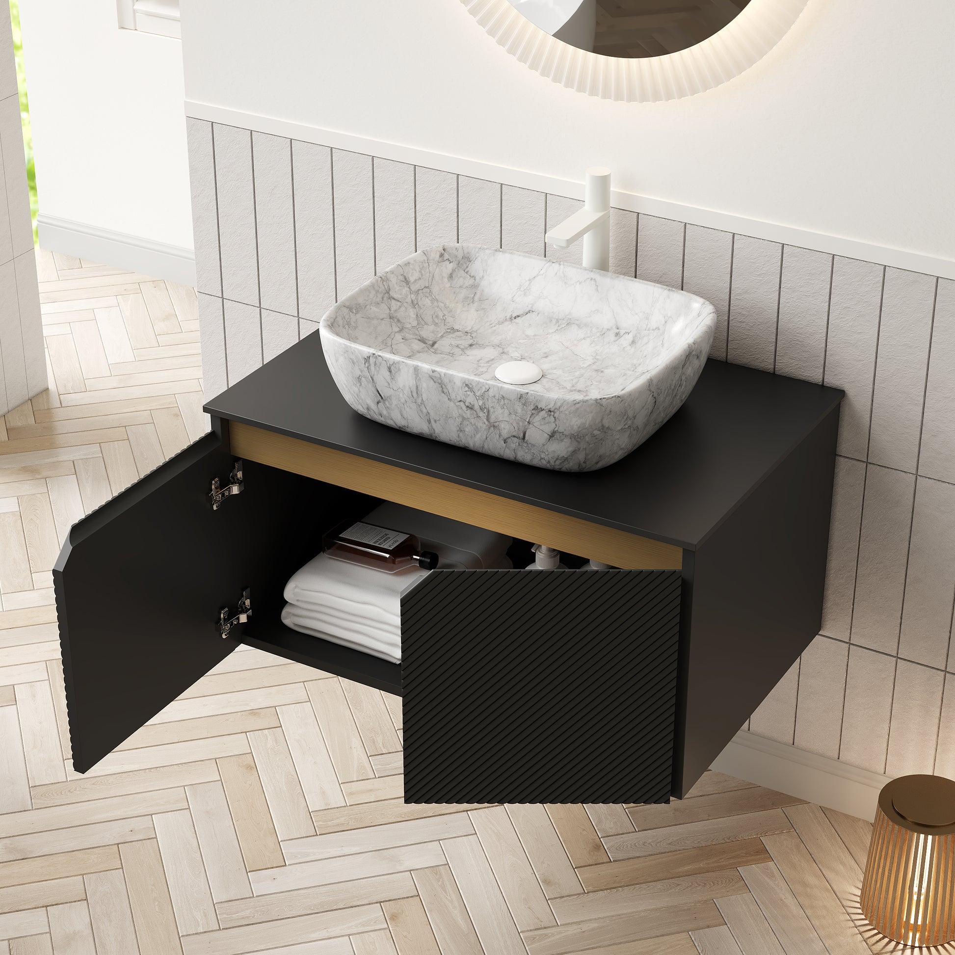 Black Ceramic Vanity with Stone Top - Bathroom Storage