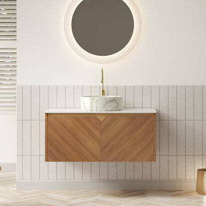 RUBEN 36" Bathroom Vanity&Sink, Floating Plywood Storage Cabinet, Twill Double Doors with Metal Trim, Matte Stone Pattern White Round Ceramic Basin&Sintered Stone Top, Brown Oak Woodgrain (New SKU)