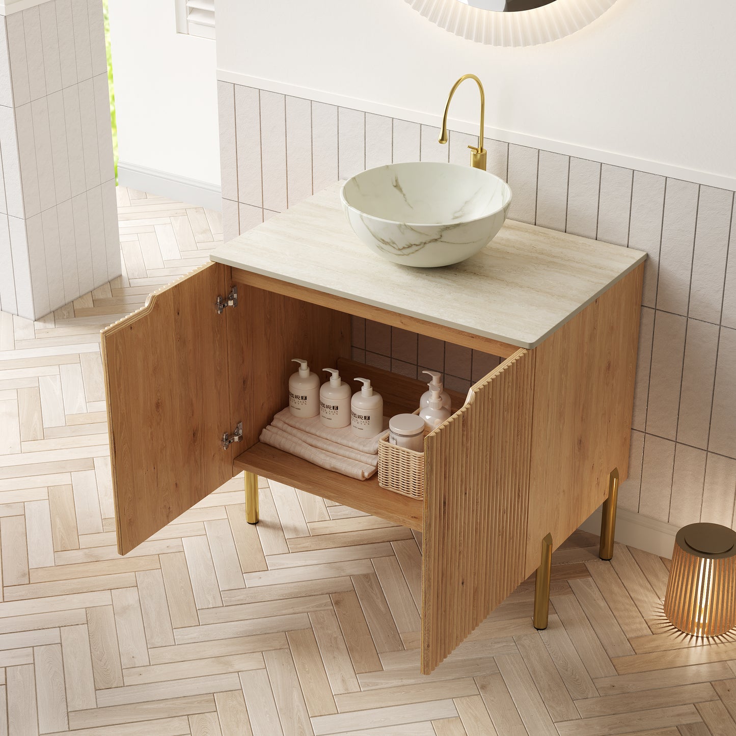 30" Natural Wood Bathroom Vanity with Sink Storage