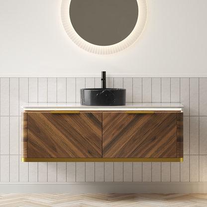 DIPA 48" Bathroom Vanity&Sink, Floating Plywood Storage Cabinet, Drawers with Handle&Sensor Light, Black Stone Pattern Ceramic Basin&Sintered Stone Top, Pre-assembled, Dark Walnut Woodgrain Color