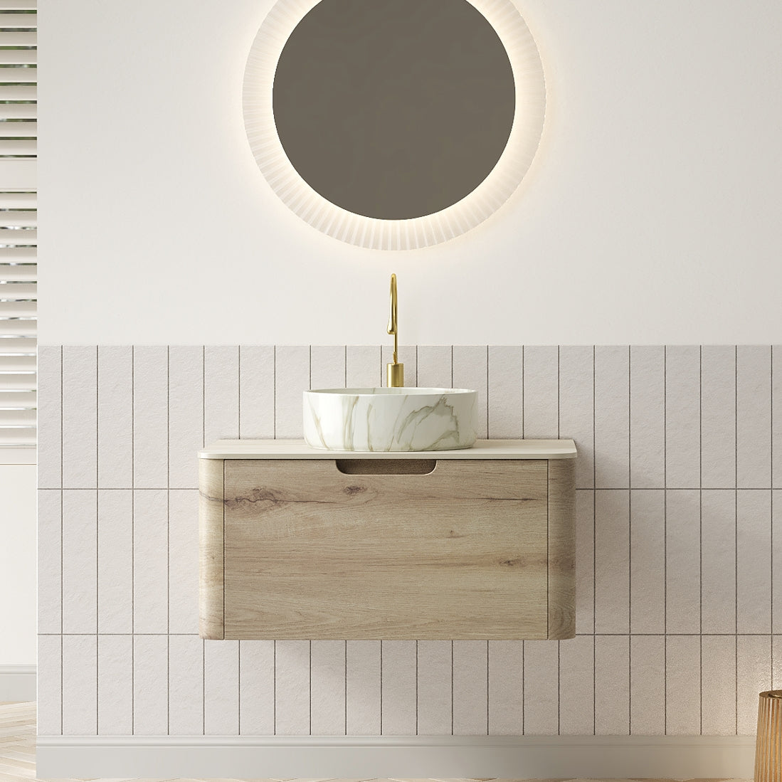 XAI 30" Bathroom Vanity&Sink, Floating Plywood Storage Cabinet with Drawer, Ceramic Basin with Stone Pattern& Travertine-Pattern Sintered Stone Top, Pre-assembled, White Oak Woodgrain Color (New SKU)