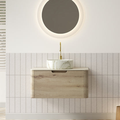 XAI 30" Bathroom Vanity&Sink, Floating Plywood Storage Cabinet with Drawer, Ceramic Basin with Stone Pattern& Travertine-Pattern Sintered Stone Top, Pre-assembled, White Oak Woodgrain Color (New SKU)
