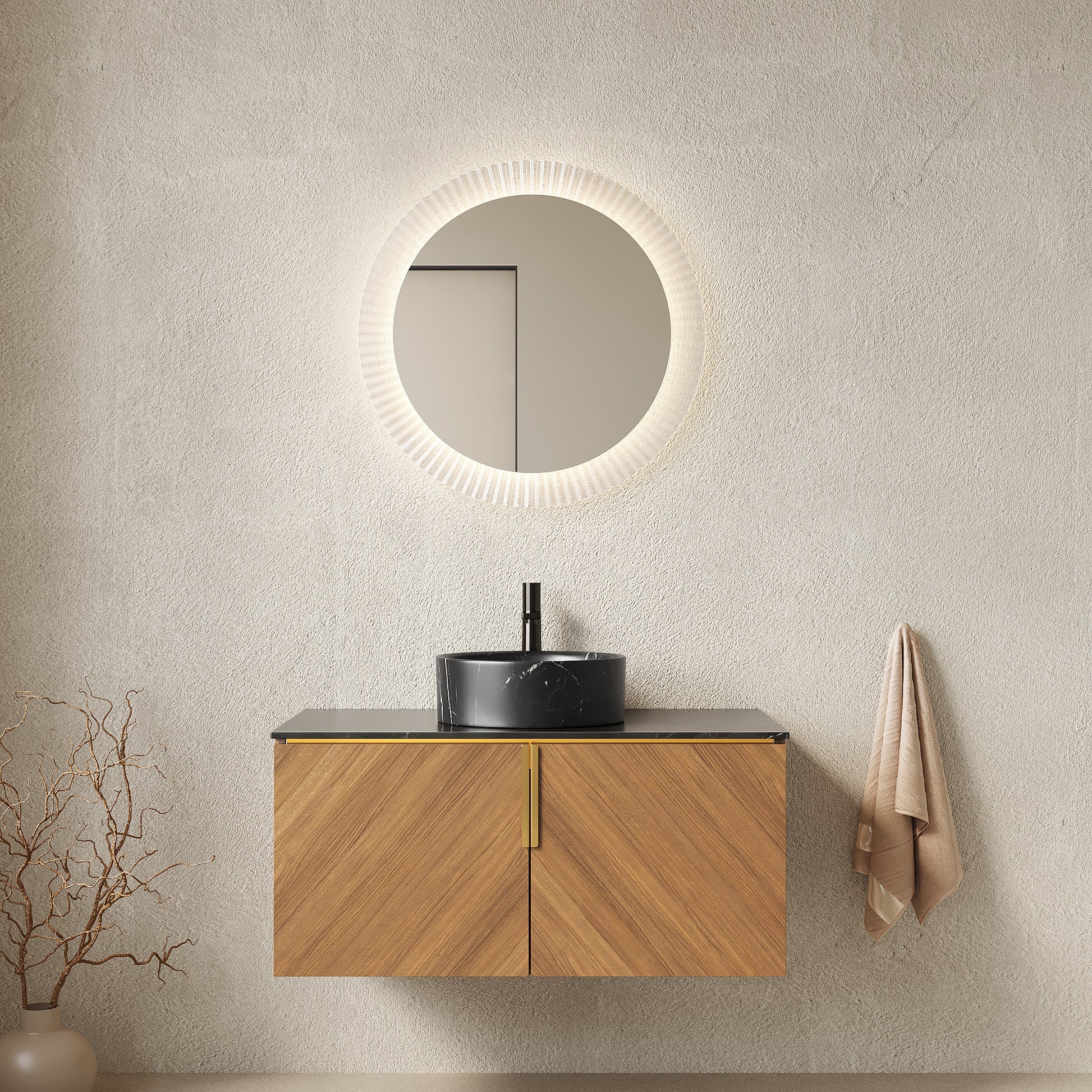 ARAI 36" Bathroom Vanity&Sink, Wall-Mounted Plywood Bathroom Storage Cabinet with Double Doors, Black Sintered Stone Countertop&Black Round Ceramic Basin with Stone Pattern, Brown Oak Woodgrain Color