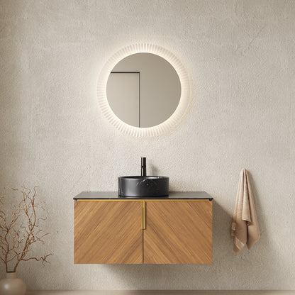ARAI 36" Bathroom Vanity&Sink, Wall-Mounted Plywood Bathroom Storage Cabinet with Double Doors, Black Sintered Stone Countertop&Black Round Ceramic Basin with Stone Pattern, Brown Oak Woodgrain Color